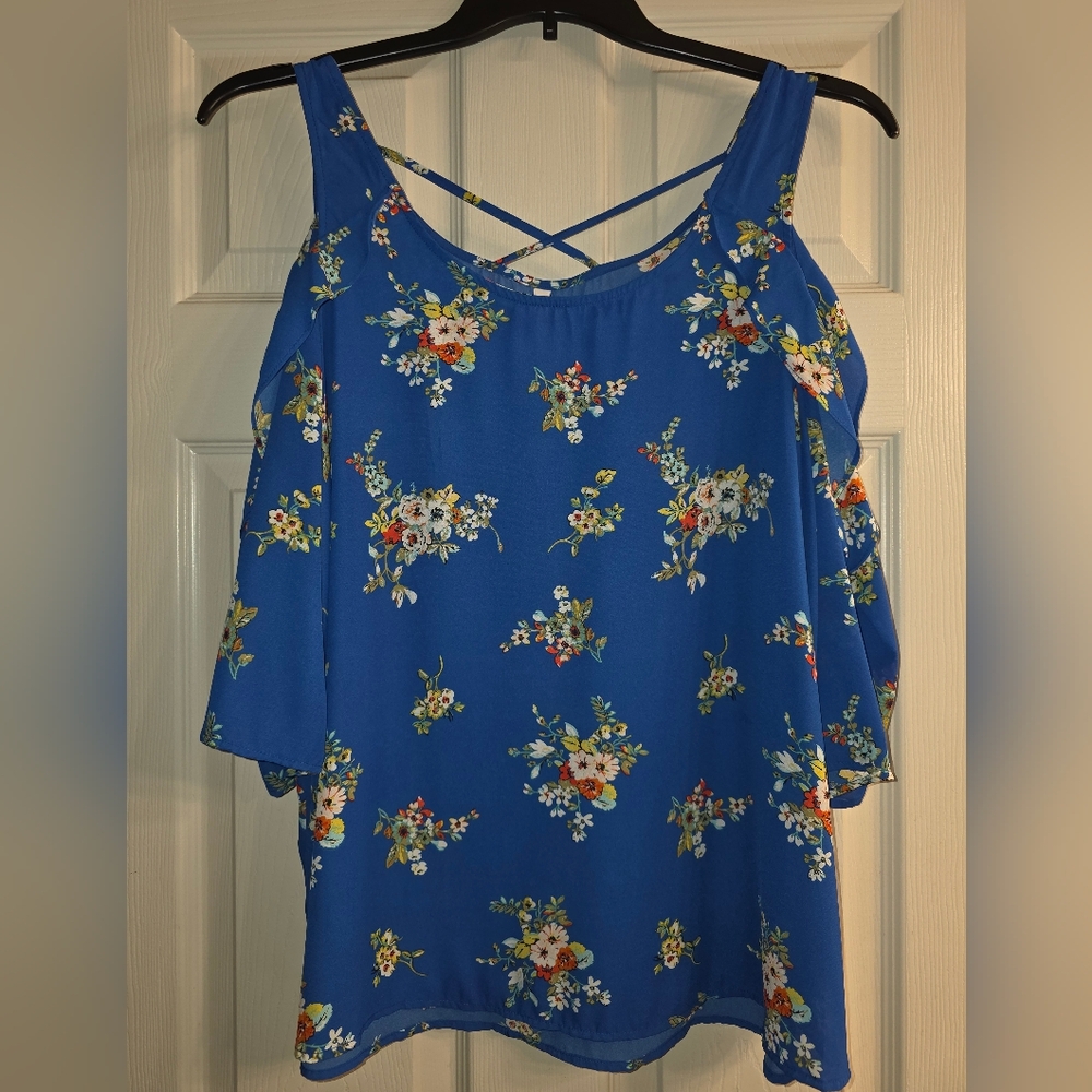 Women's Xhilaration Floral Flowy Ruffle Cold Shoulder Shirt Top X XL